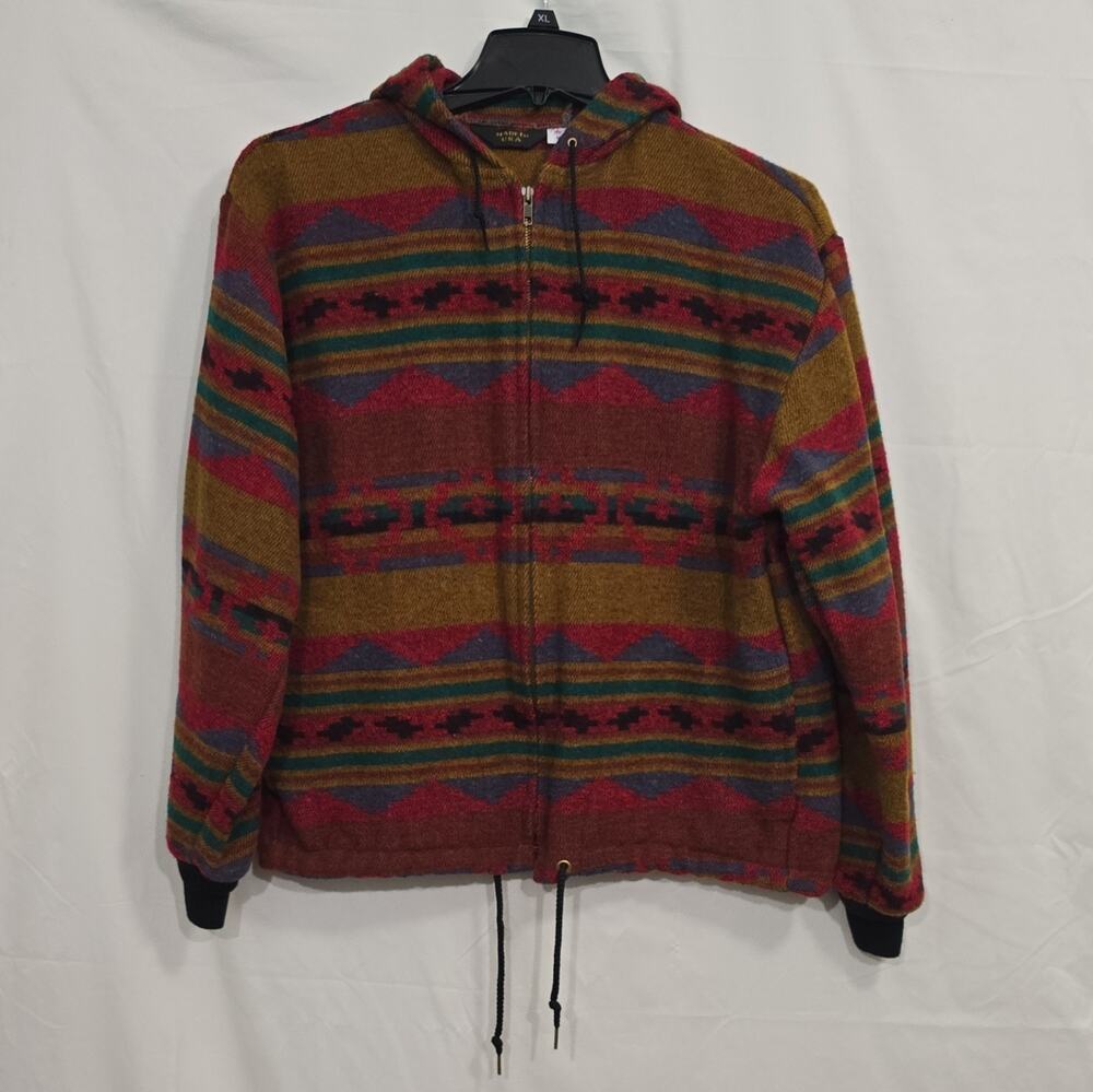 Vtg Navajo Native Aztec Wool Zipper Hooded Coat Med Made In USA